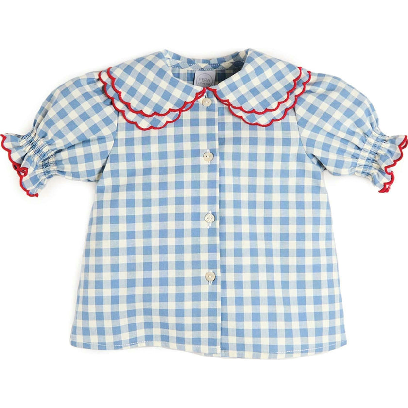 Darby Gingham Scallop Layered Collar Short Sleeve Blouse in Blue (18mths-12yrs)