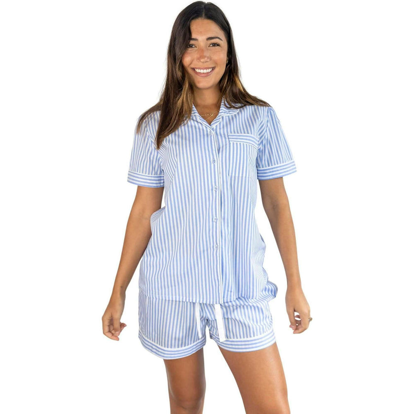 Women's Braddock Classic Short PJ Set - Blue Stripe Organic Cotton Poplin