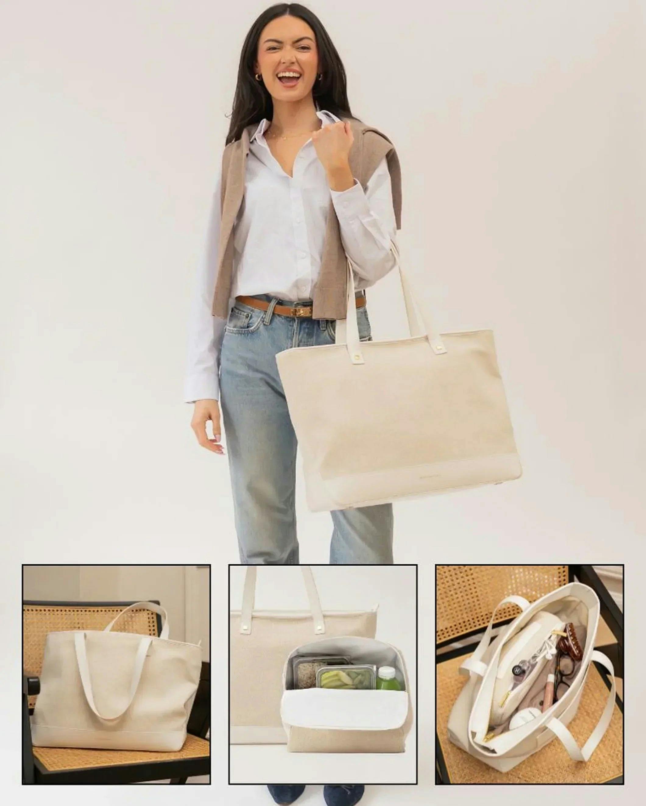 Vegan Leather Work Tote Bag with Removable Insulated Pouch, White Canvas