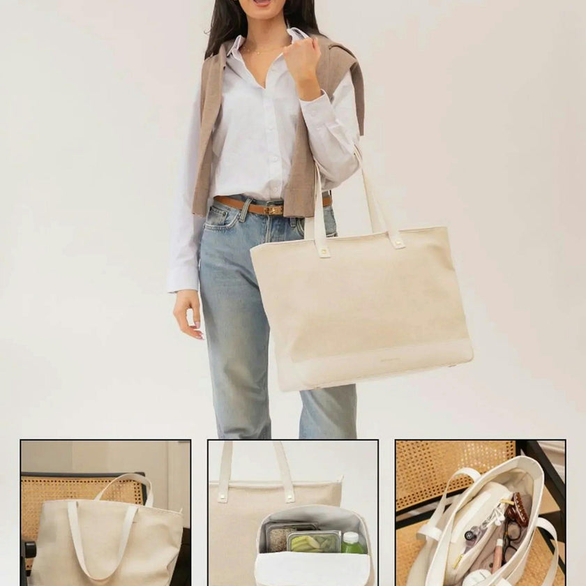Vegan Leather Work Tote Bag with Removable Insulated Pouch, White Canvas