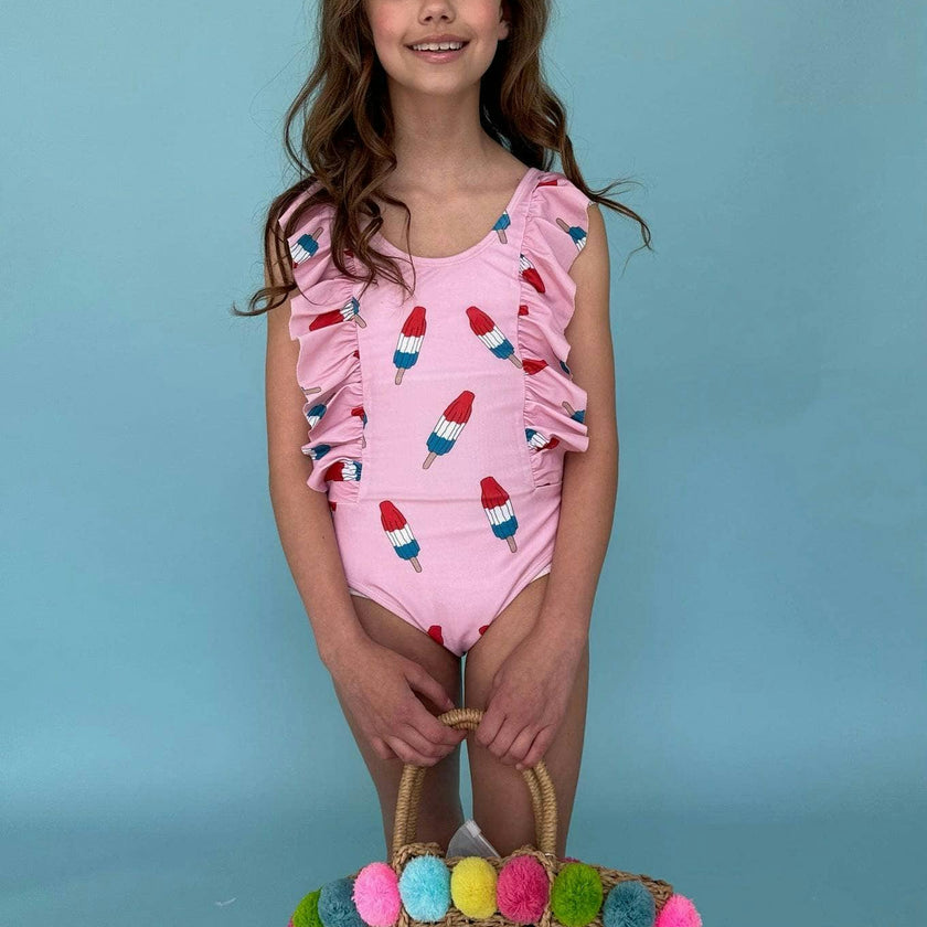 Pinkie Bomb Pop Ruffle Shoulder One-Piece Swimsuit