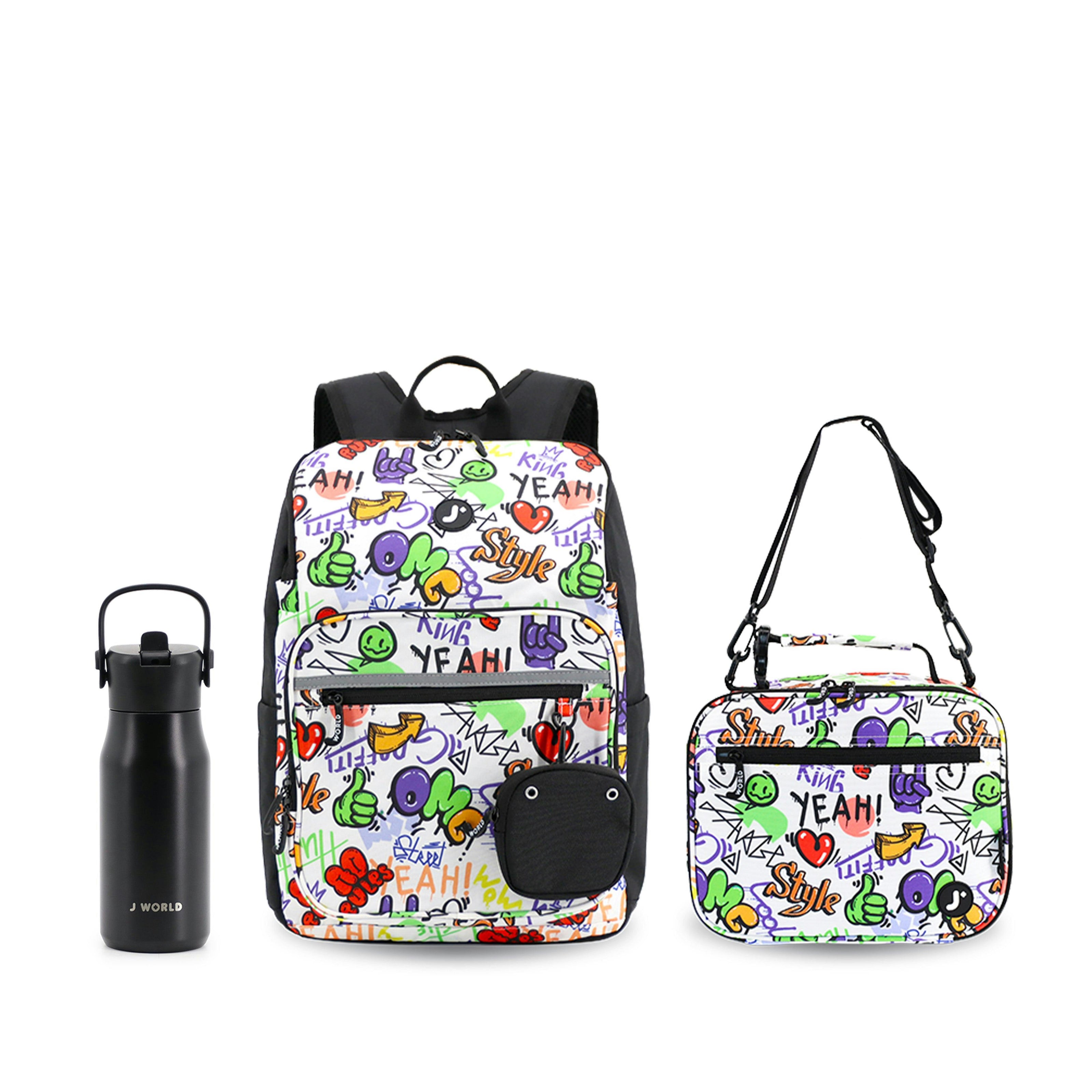 Junior Backpack with Lunch Box and 14oz Water Bottle For School in Street Art
