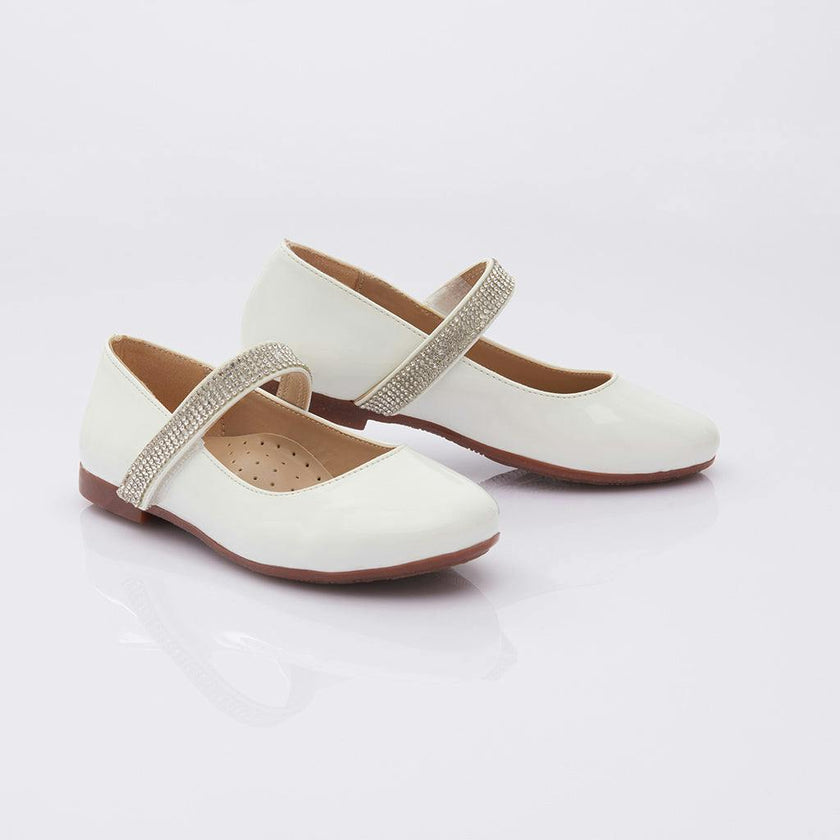 Patent White Rhinestone Strap Flats