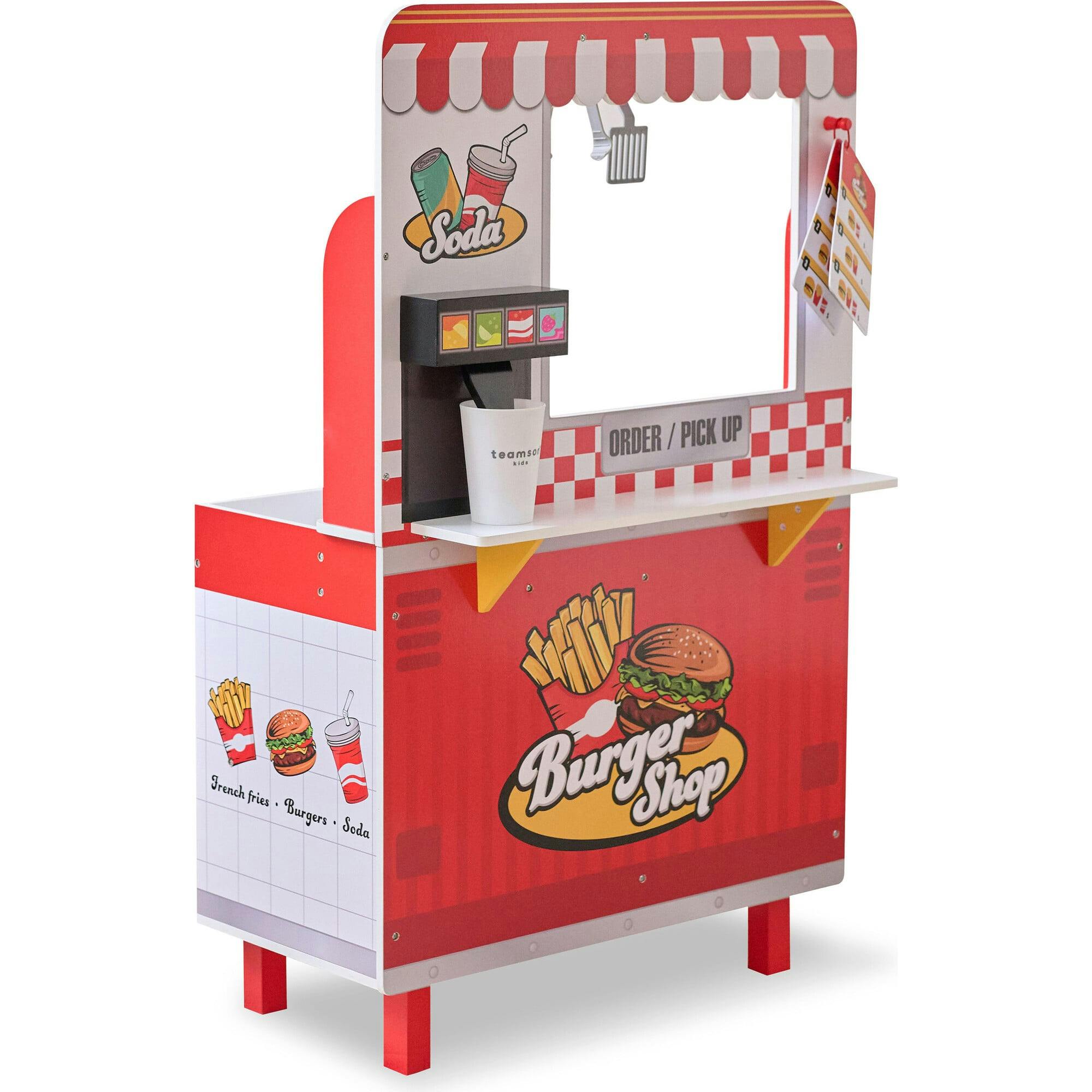 Teamson Kids Flip & Fry Wooden Burger Shop with 29 Pcs Accessories