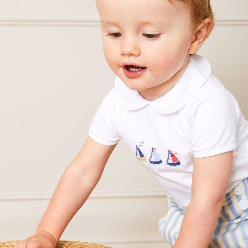 Embroidered Boat Motif Peter Pan Collar Bodysuit in White (1mth-3yrs)