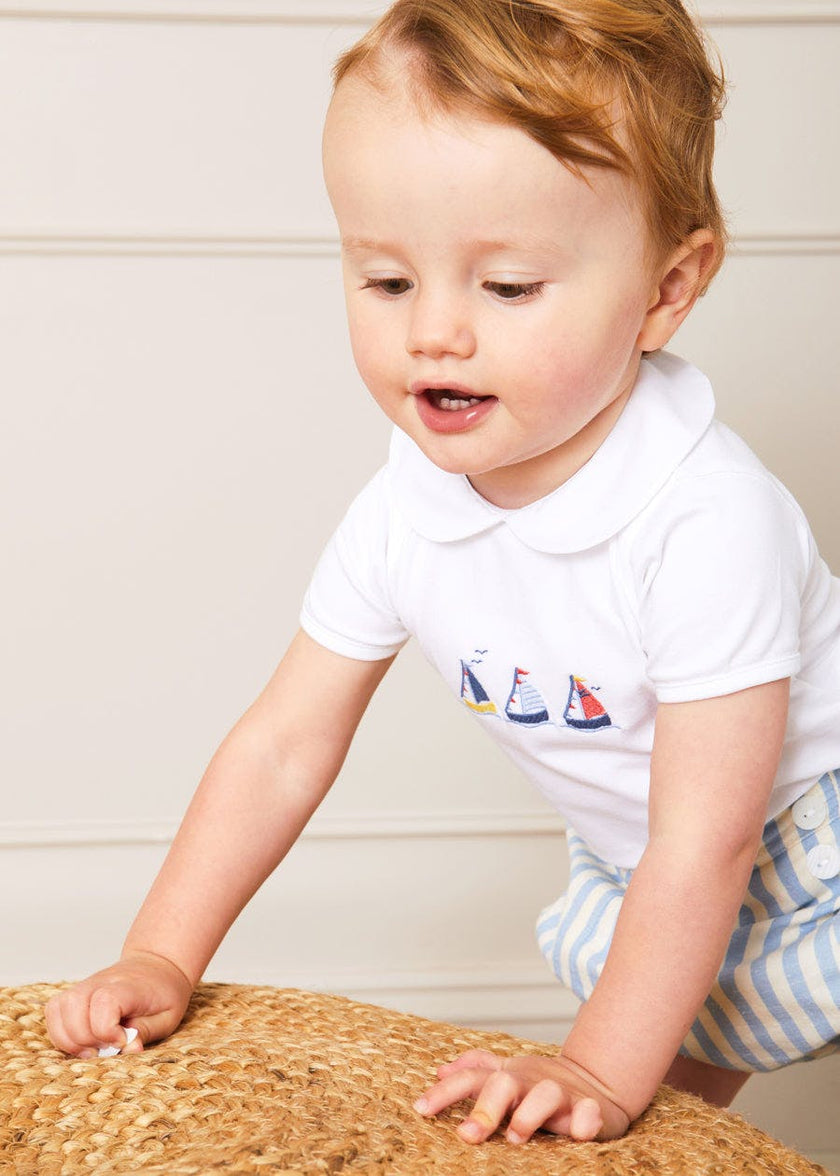 Embroidered Boat Motif Peter Pan Collar Bodysuit in White (1mth-3yrs)