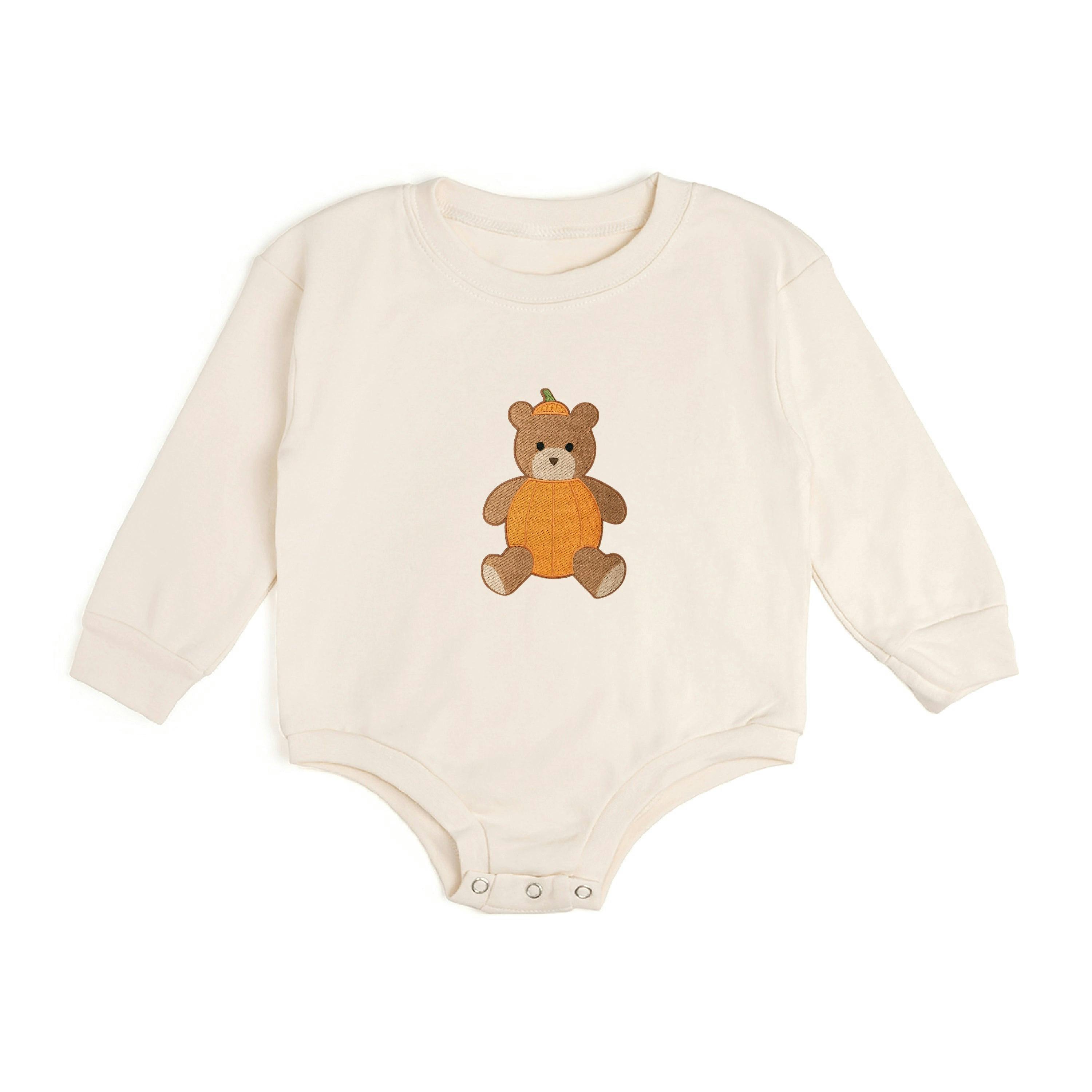 Pumpkin Teddy Bear Patch Long Sleeve Romper