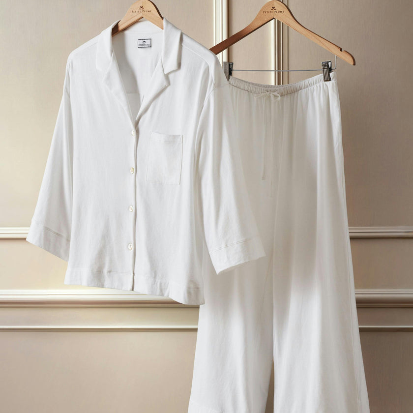 The Olivia Wide Leg Pima Pajama Set in White