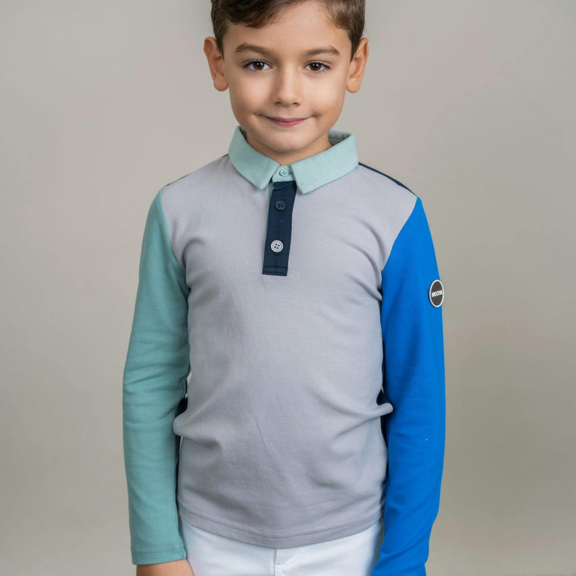 Woven Long Sleeve Contrast Polo Dark Dusty Blue/Dusty Blue