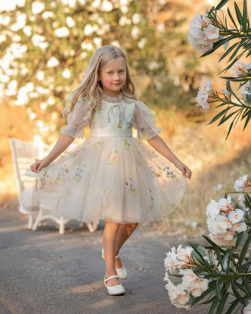 Enchanted Bloom Embroidered Ivory Flower Girl Dress for Girls