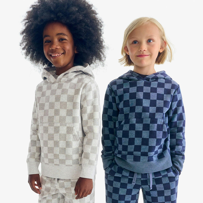 Kids cozy fleece pullover hoodie in checks