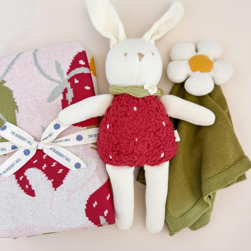 Strawberry Blanket, Flower Lovey, Bunny Plush Gift Set