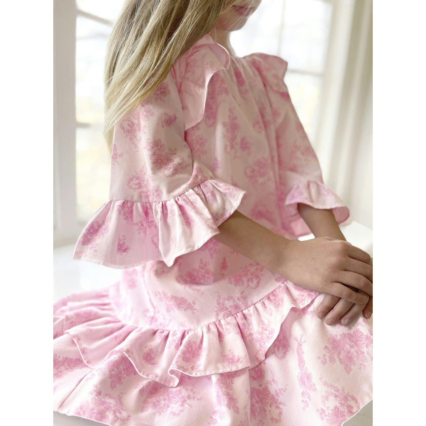 Triomphe 3/4 Sleeve Ruffled Toile Dress, Pink