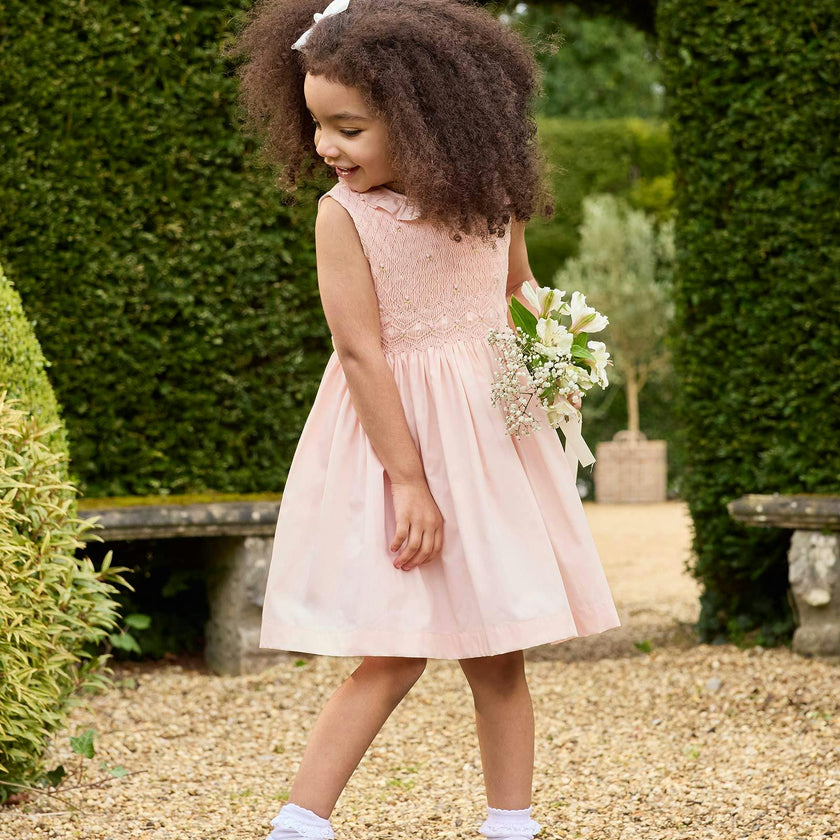 Sleeveless Willow Rose Hand Smocked Dress in Peach