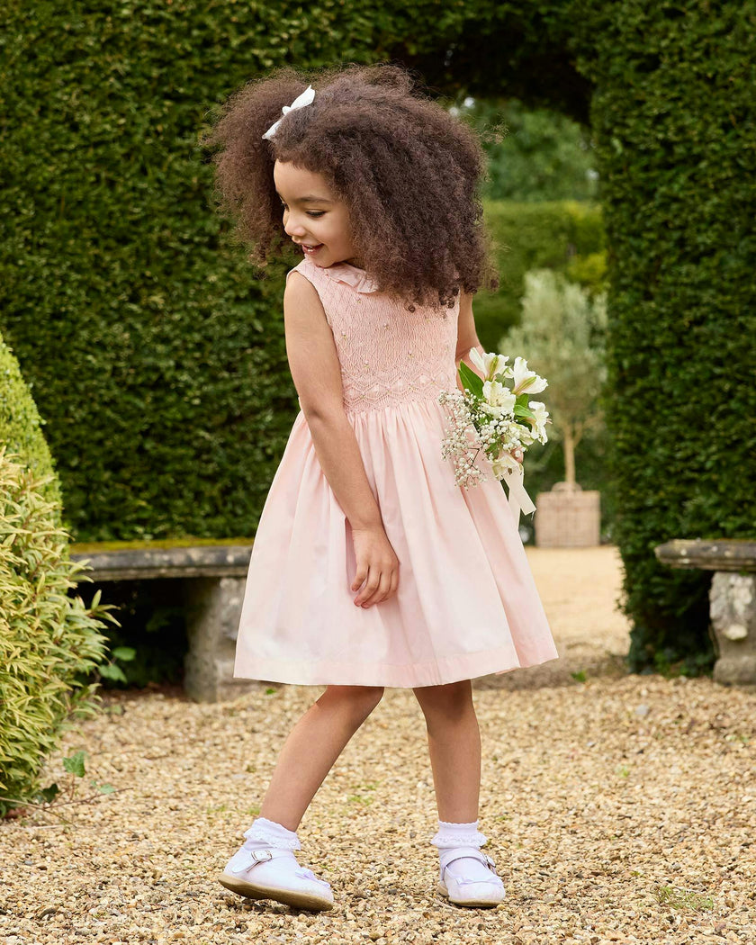 Sleeveless Willow Rose Hand Smocked Dress in Peach