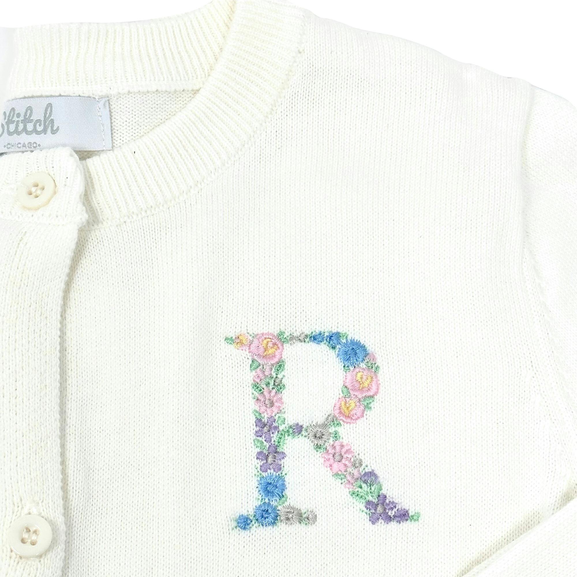Custom Embroidered Cardigan With Floral Initial