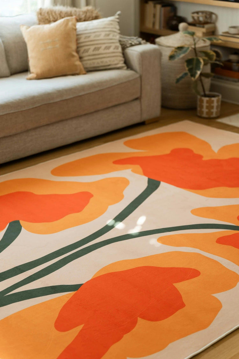 Orange Abstract Floral Sprig Rug by Sophie Deller
