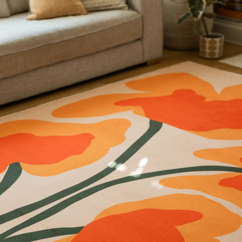 Orange Abstract Floral Sprig Rug by Sophie Deller