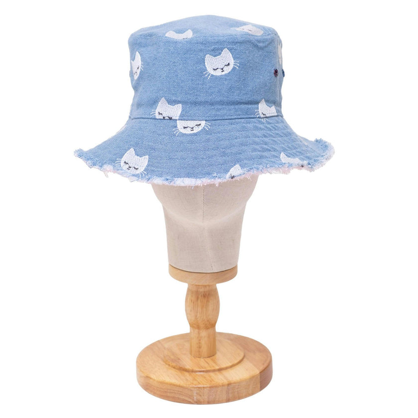 Reversible Kids Denim Bucket Hat – Embroidered Kittens & Pink Canvas Print | Frayed Brim