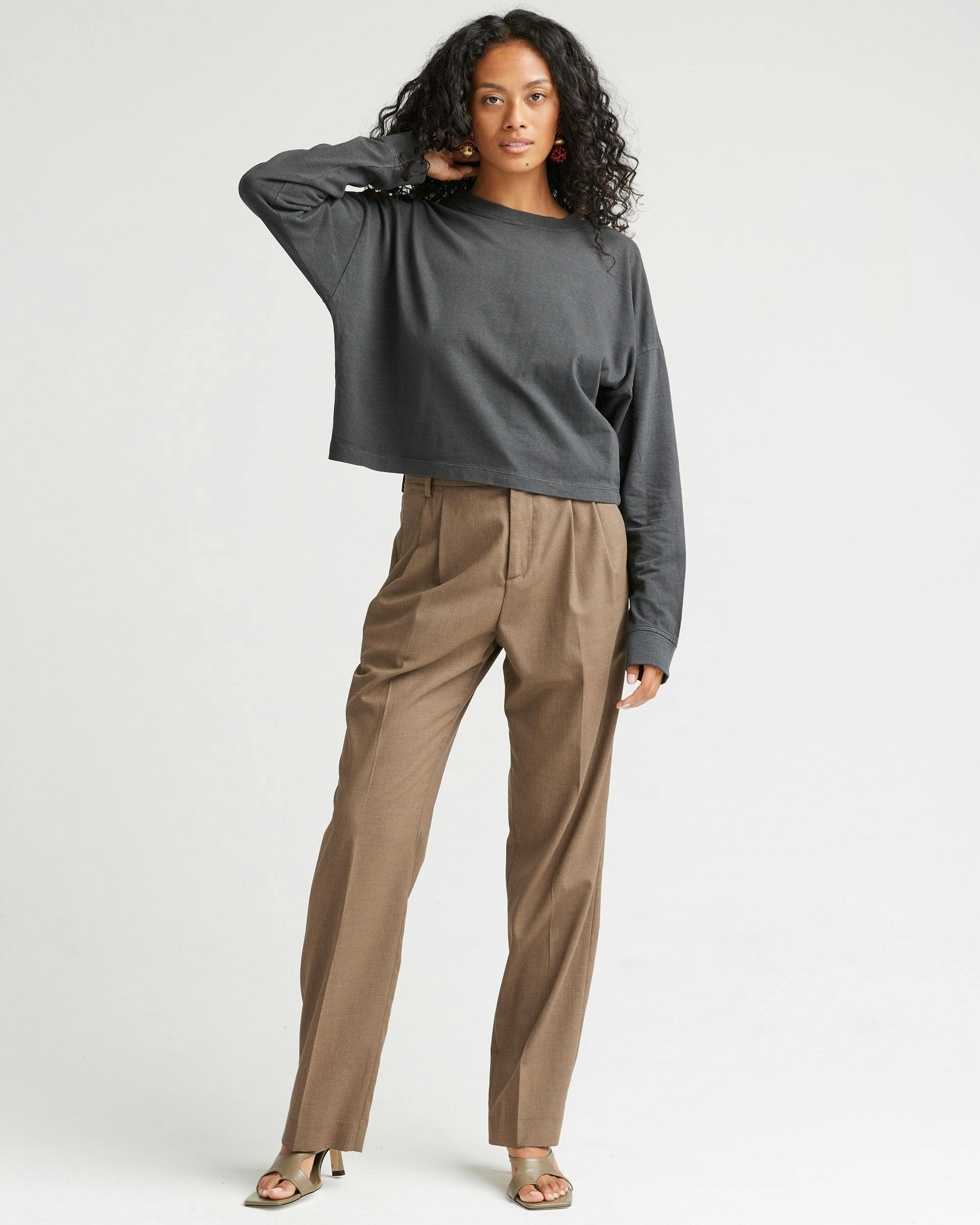 Womens Relaxed Crop Long Sleeve Tee - Pigment Dye Jersey - Stretch Limo