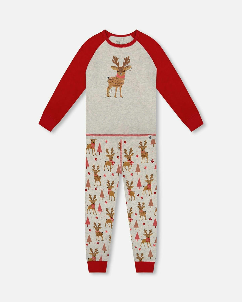 Organic Cotton Two-Piece Pajamas Beige Girly Reindeer Print