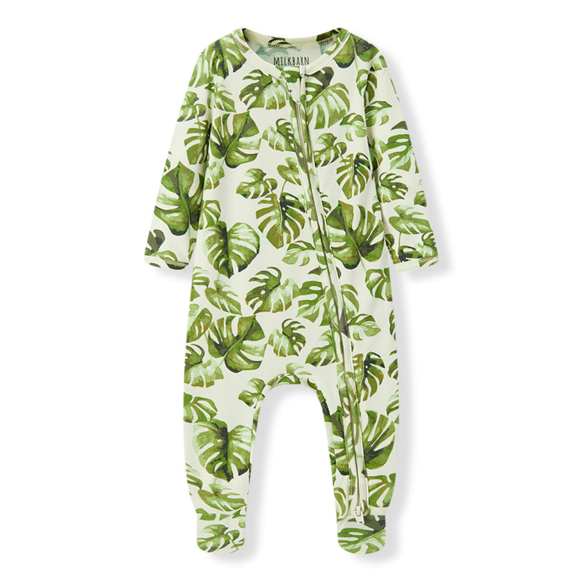Island Leaf Cotton Stretch Zipper Footed Romper