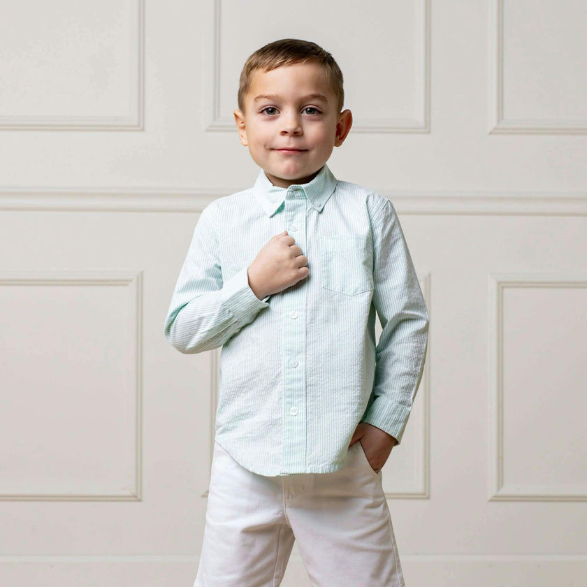 Organic Long Sleeve Seersucker Button Down Shirt, Green