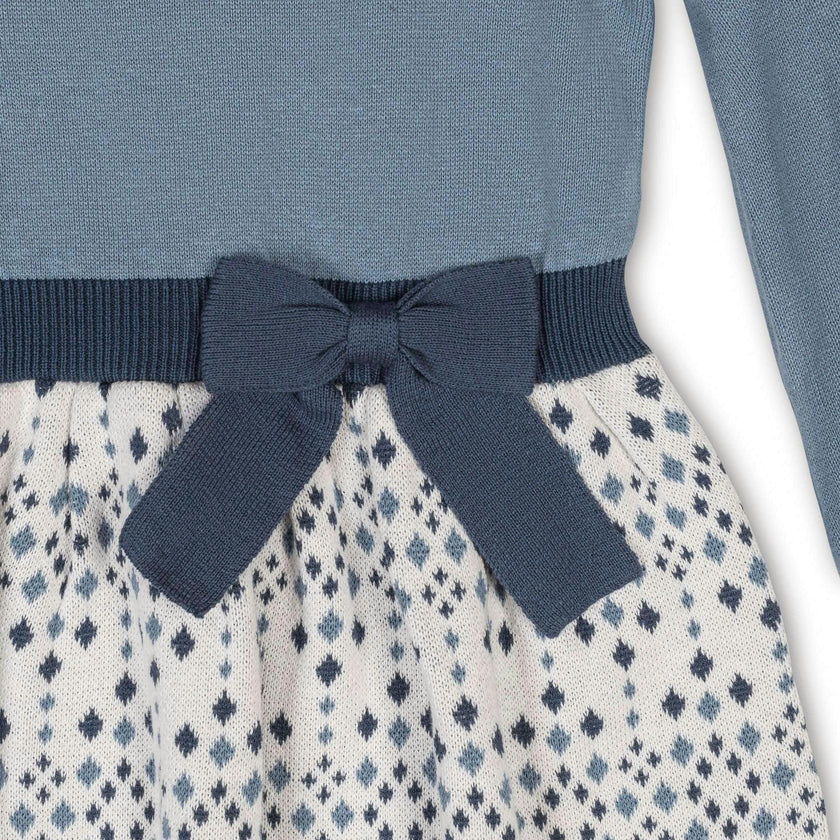 Organic Long Sleeve Skater Sweater Dress with Bow, Blue
