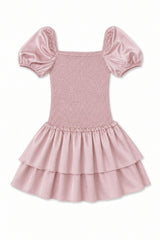 Lexi Mauve Satin Smocked Short Sleeve Ruffle Dress