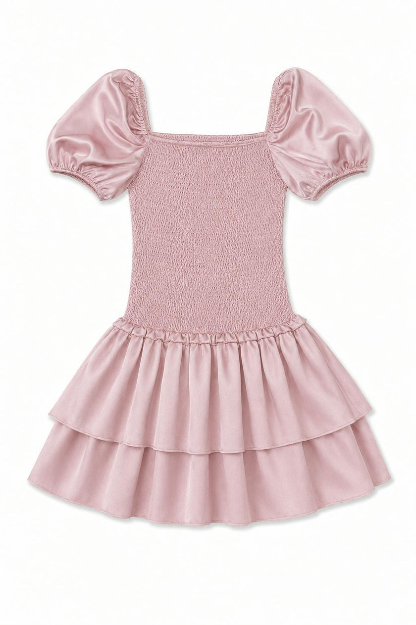Lexi Mauve Satin Smocked Short Sleeve Ruffle Dress
