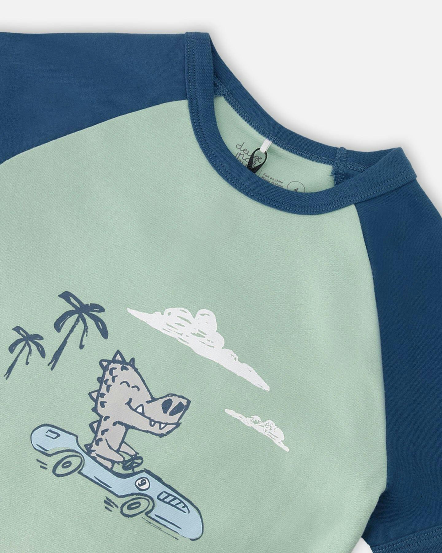 Organic Cotton Two-Piece Pyjama Set Green Crocodile Print