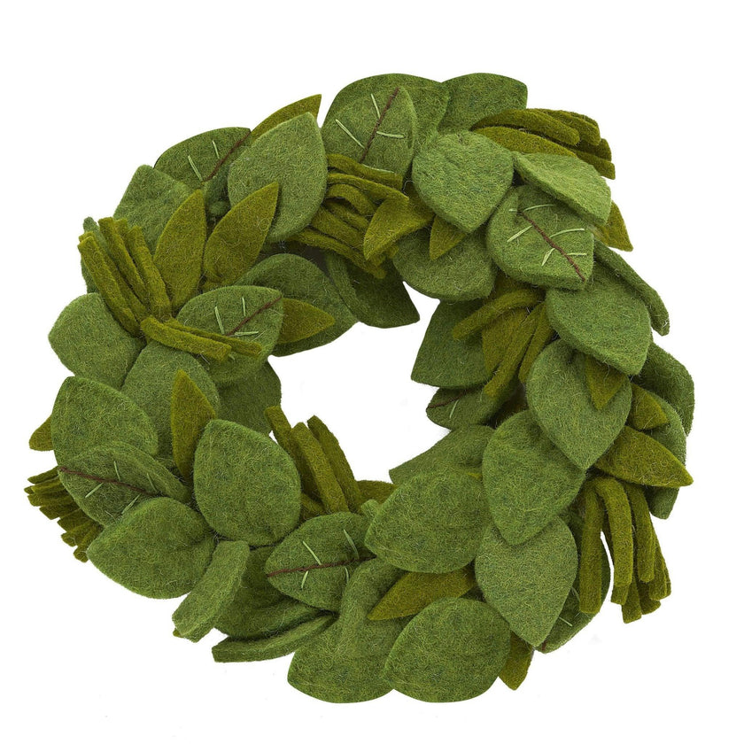 Handmade Hand Felted Wool Wreath - Green Leaves Embroidery - 14" Arcadia Home