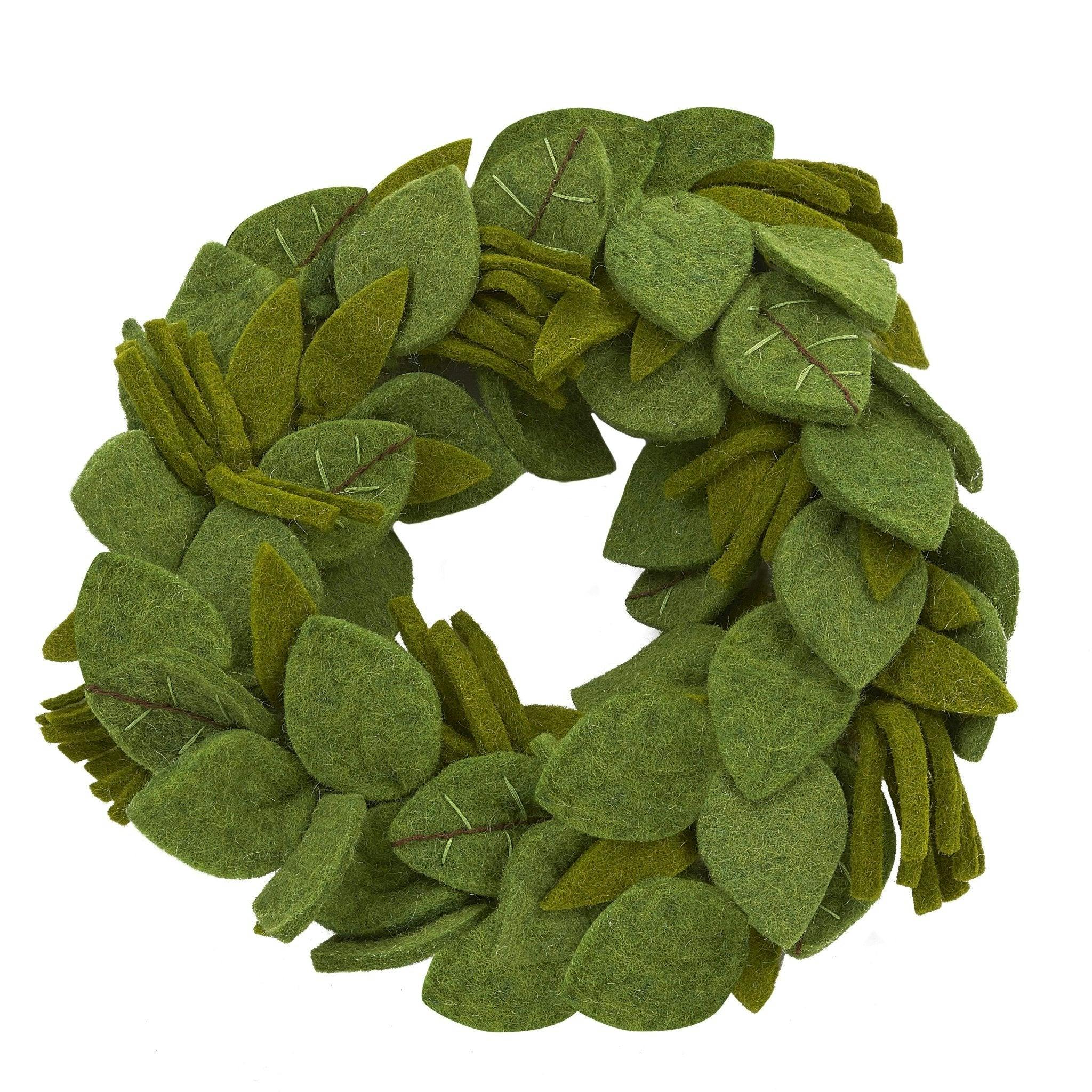 Handmade Hand Felted Wool Wreath - Green Leaves Embroidery - 14