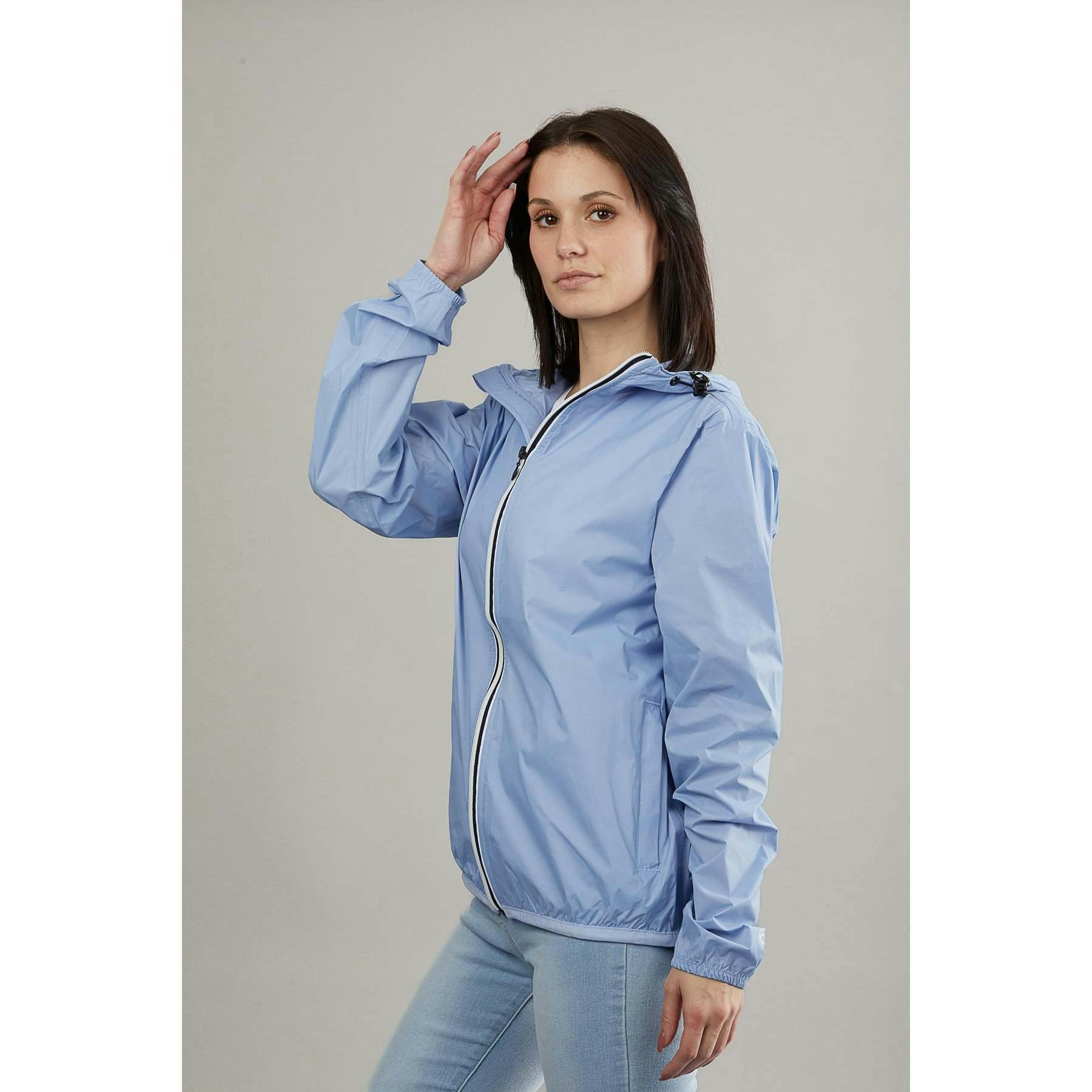 Powder blue full zip packable rain jacket and windbreaker