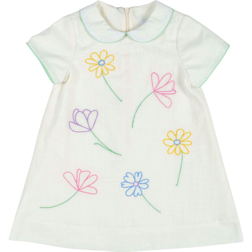 Linen Look Dress With Embroidered Flowers
