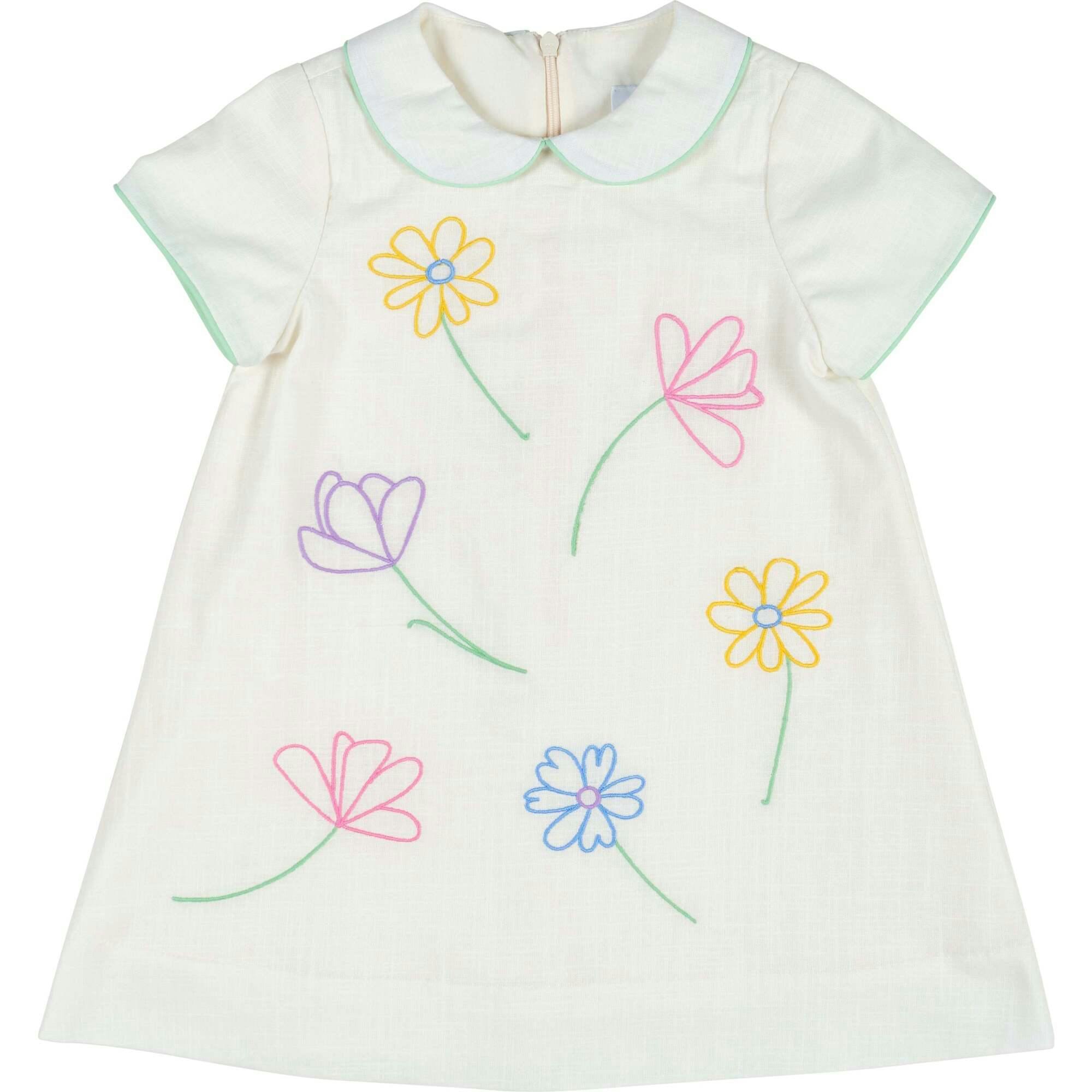 Linen Look Dress With Embroidered Flowers