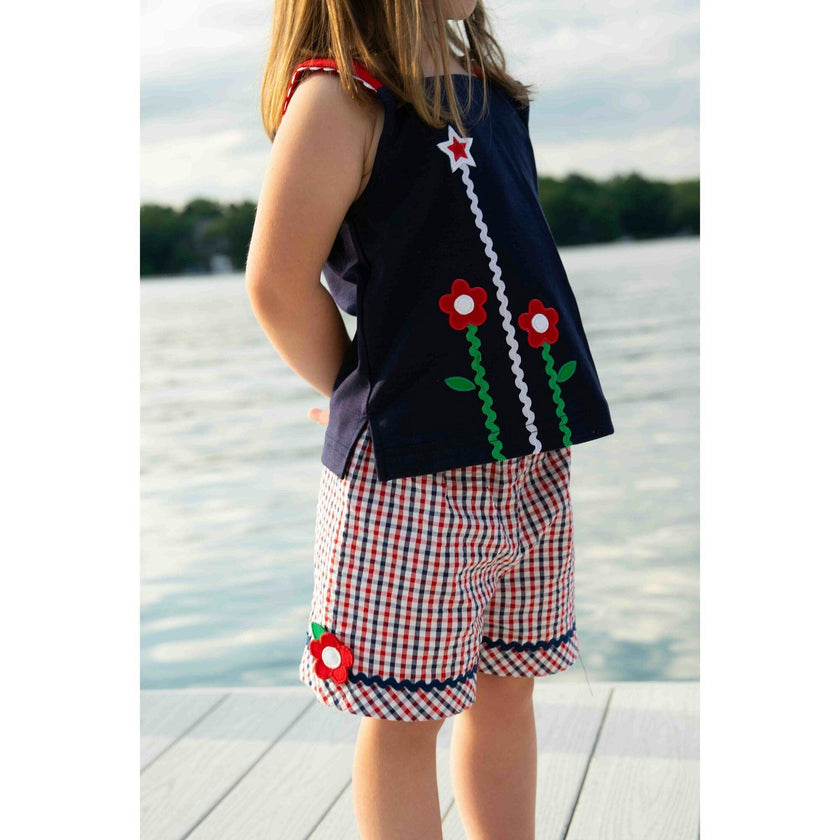 Plaid Seersucker Shorts With Ric Rac & Flowers