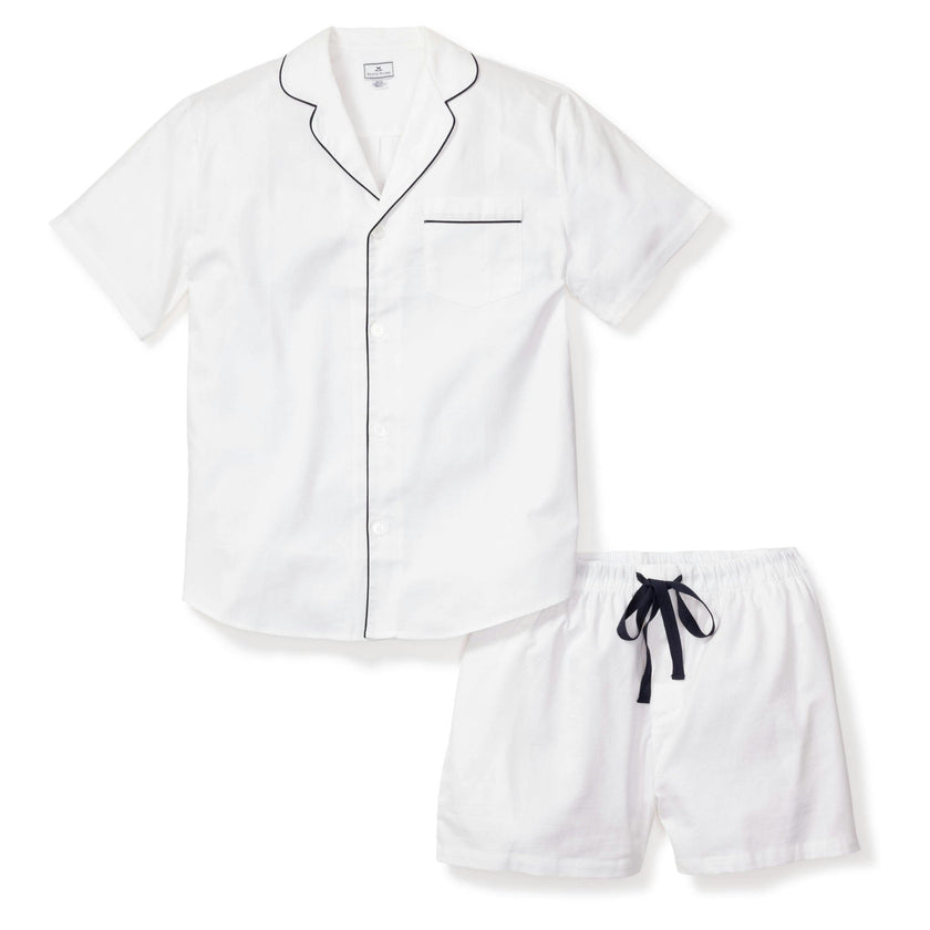 Men's Twill Pajama Short Set in White with Navy Piping