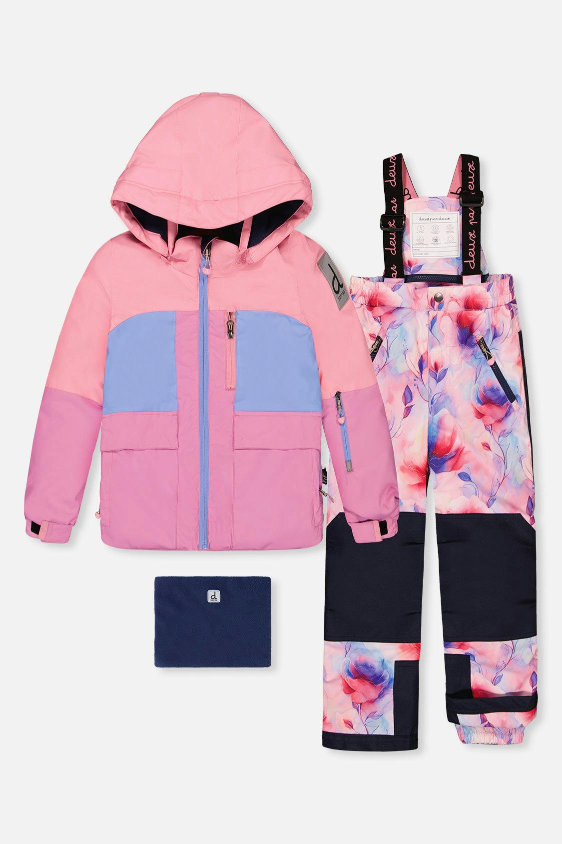 Two Piece Play Snowsuit Pink And Purple Colorblock With Watercolor Floral Print Pants