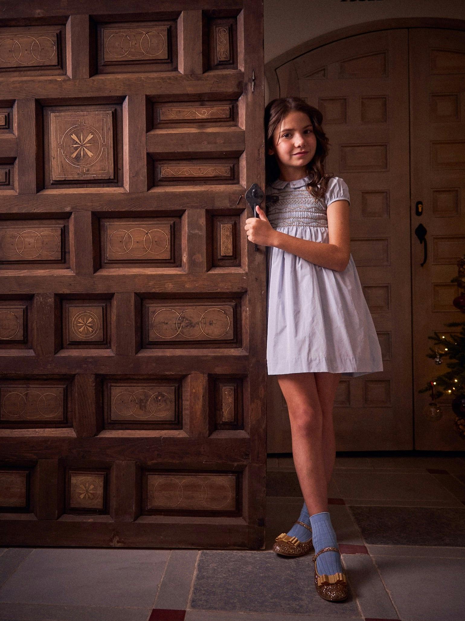 Dusty Blue Victoria Girl Hand-Smocked Dress