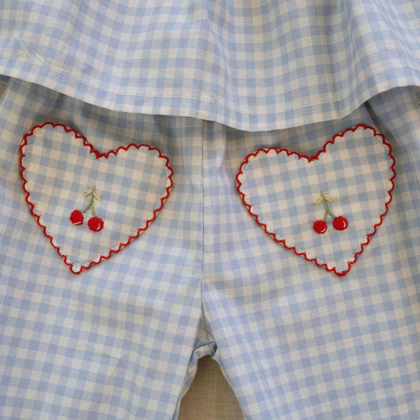 Ruffle Pant Set in Blue Gingham/Cherry