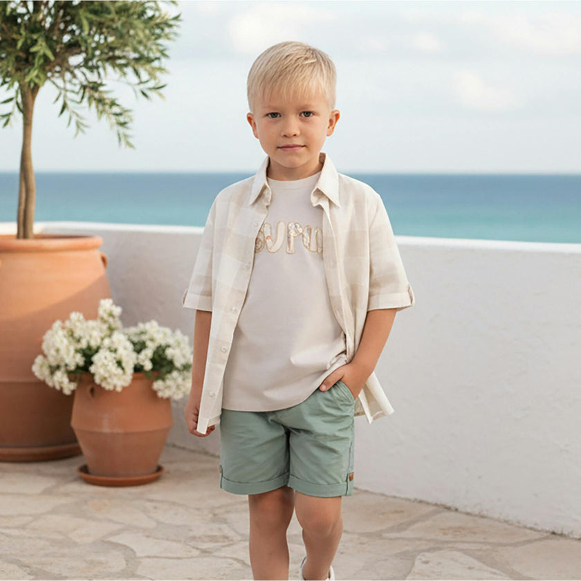 Batiste Boy Shirt SS Linen, White Beige Square