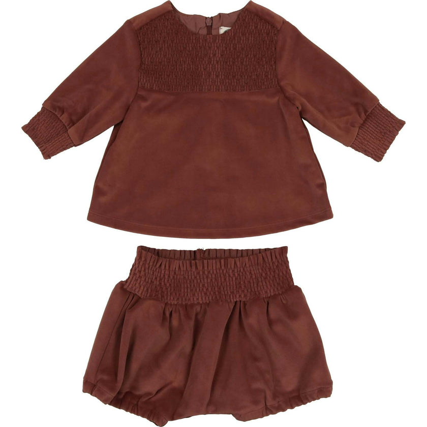 Girls Royal Velvet Smocked Top & Shorts Set