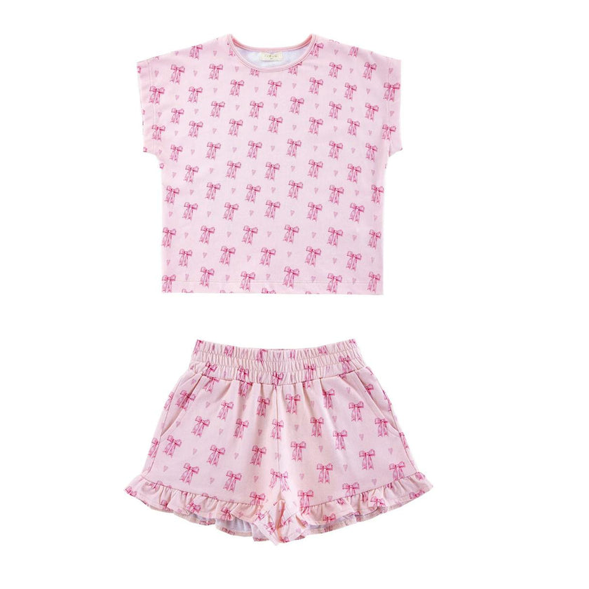 Lightweight French Terry Ruffle Shorts Lounge Set, Lovely Bows