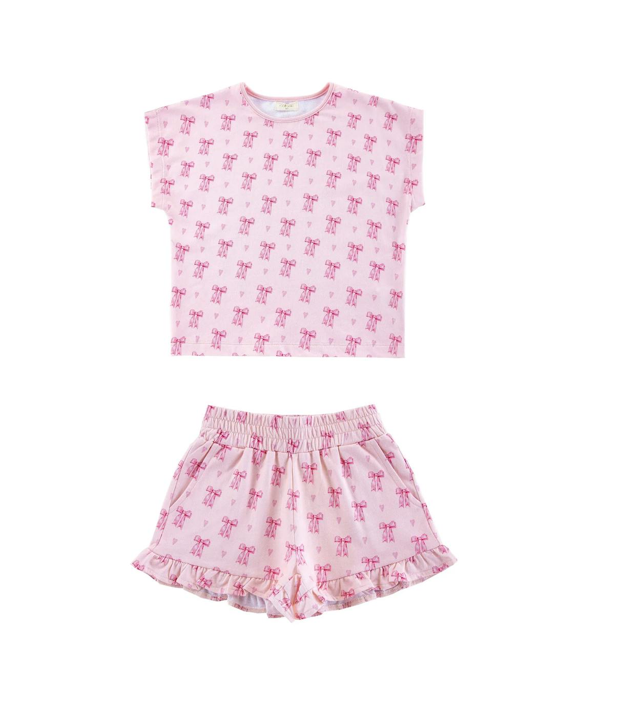 Lightweight French Terry Ruffle Shorts Lounge Set, Lovely Bows