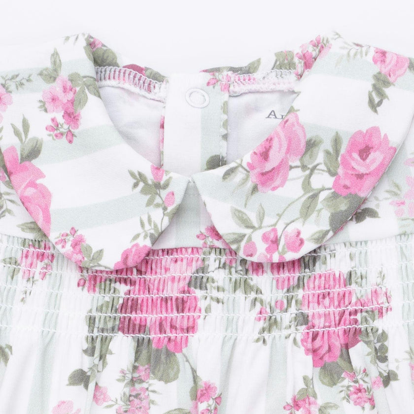 Cabbage Rose Stripe - Smocked Peter Pan Snap Footie