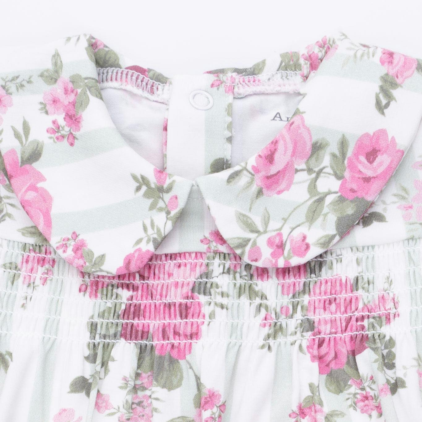 Cabbage Rose Stripe - Smocked Peter Pan Snap Footie