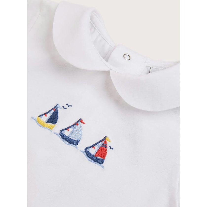 Embroidered Boat Motif Peter Pan Collar Bodysuit in White (1mth-3yrs)