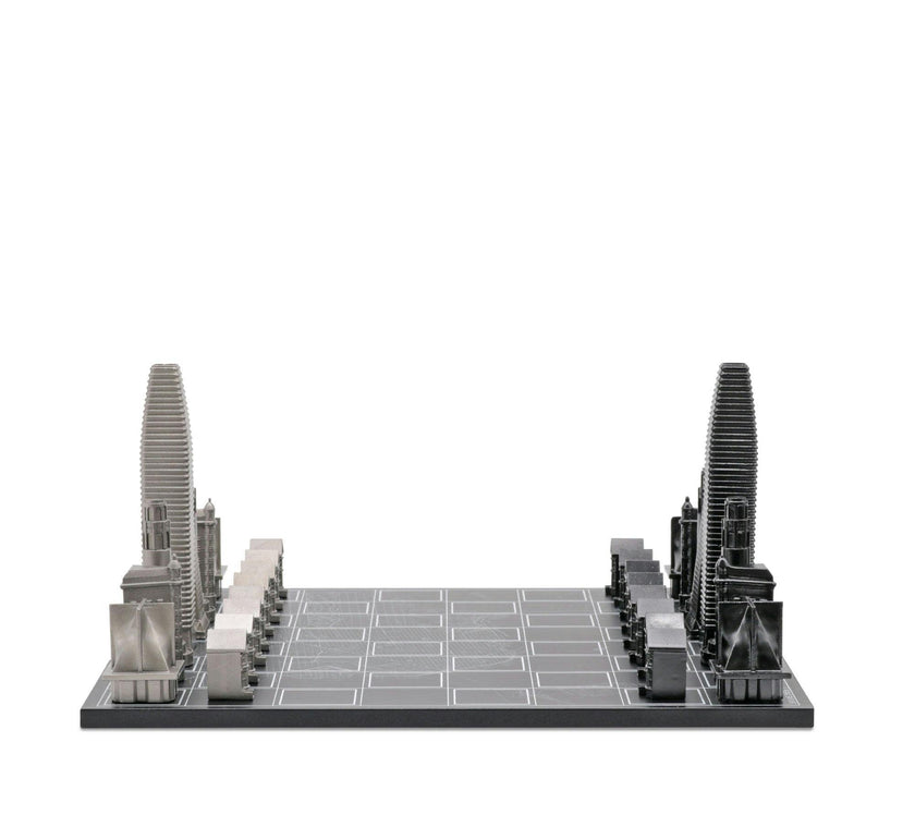 Chess Set Stainless Steel SAN FRANCISCO with Wood Map Board