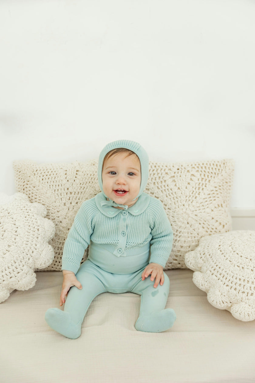 Embroidered Romper, Cardigan, and Bonnet Three Piece Set